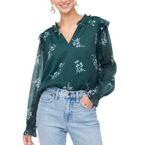 NWT J. Crew Women’s Ruffle Collar V-Neck Blouse Green/Floral Size M